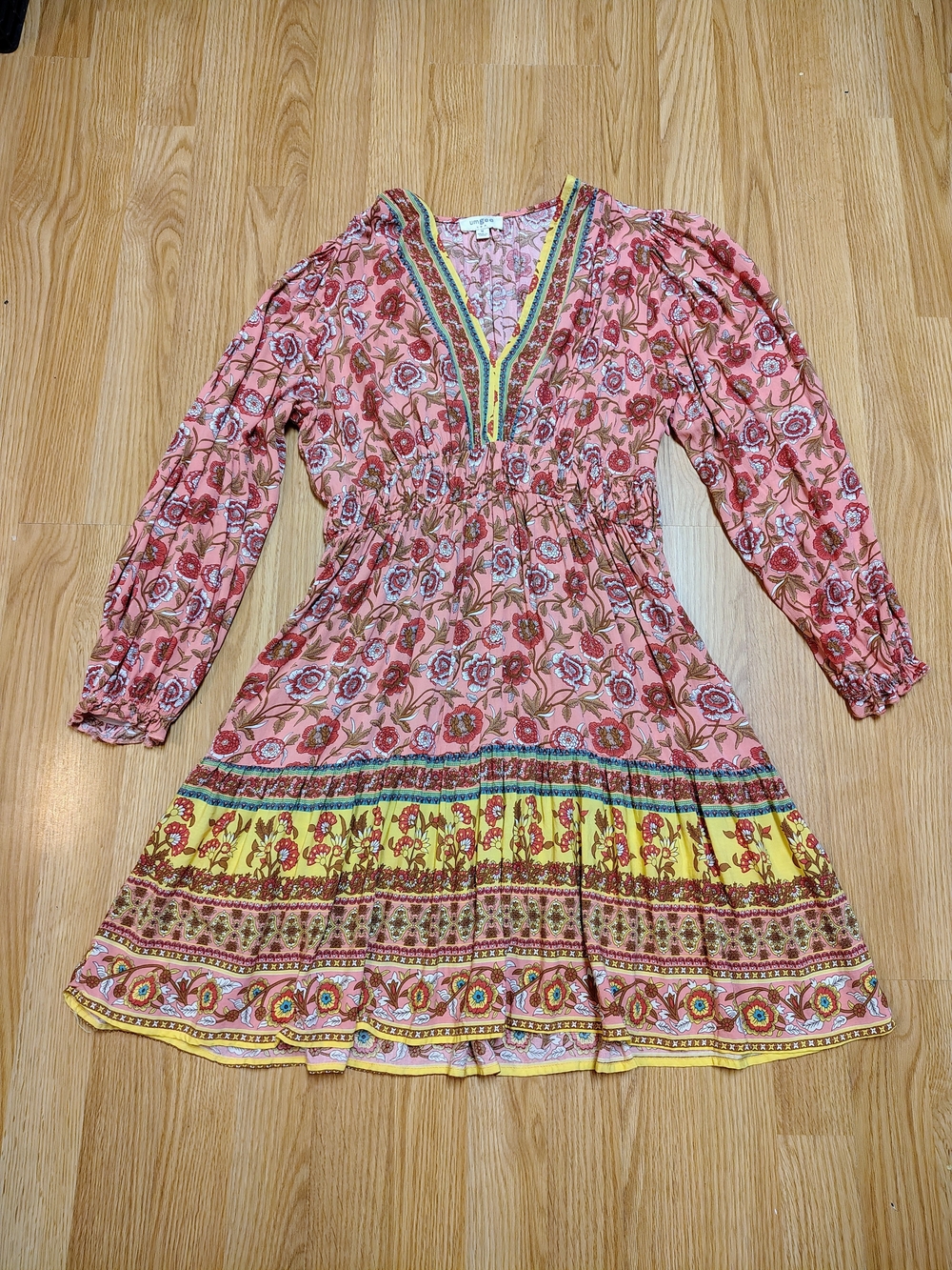 Umgee Pink Floral Boho Dress with Yellow Trim Size M